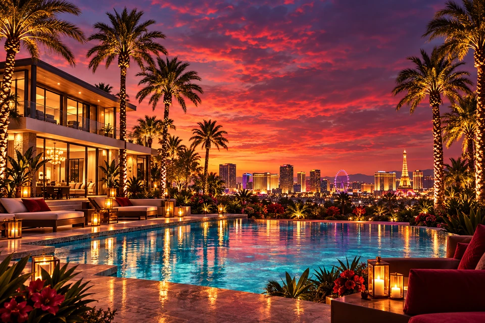 An imagined poolside villa in Las Vegas sunset light; illustrative scenery, not a photograph of the booked Airbnb.